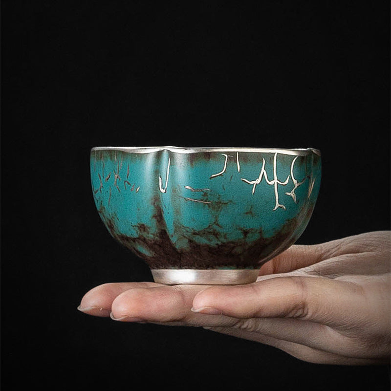 High-End Tea Cup Evergreen Glaze Handmade Retro Tea Cup Master Cup Tea Ceramic Single Cup Egg Cup Gift Box