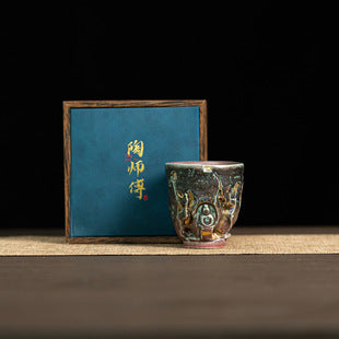 High-End Tea Cup Evergreen Glaze Handmade Retro Tea Cup Master Cup Tea Ceramic Single Cup Egg Cup Gift Box