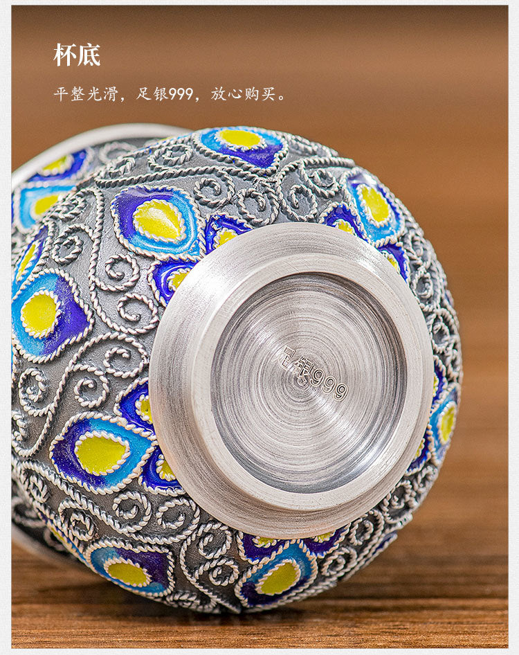 Back to Yintang Silver Teacup999Pure Silver Cup Tasting Cup Handmade Cloisonné Enamel Small Tea Cup Kung Fu Tea Set