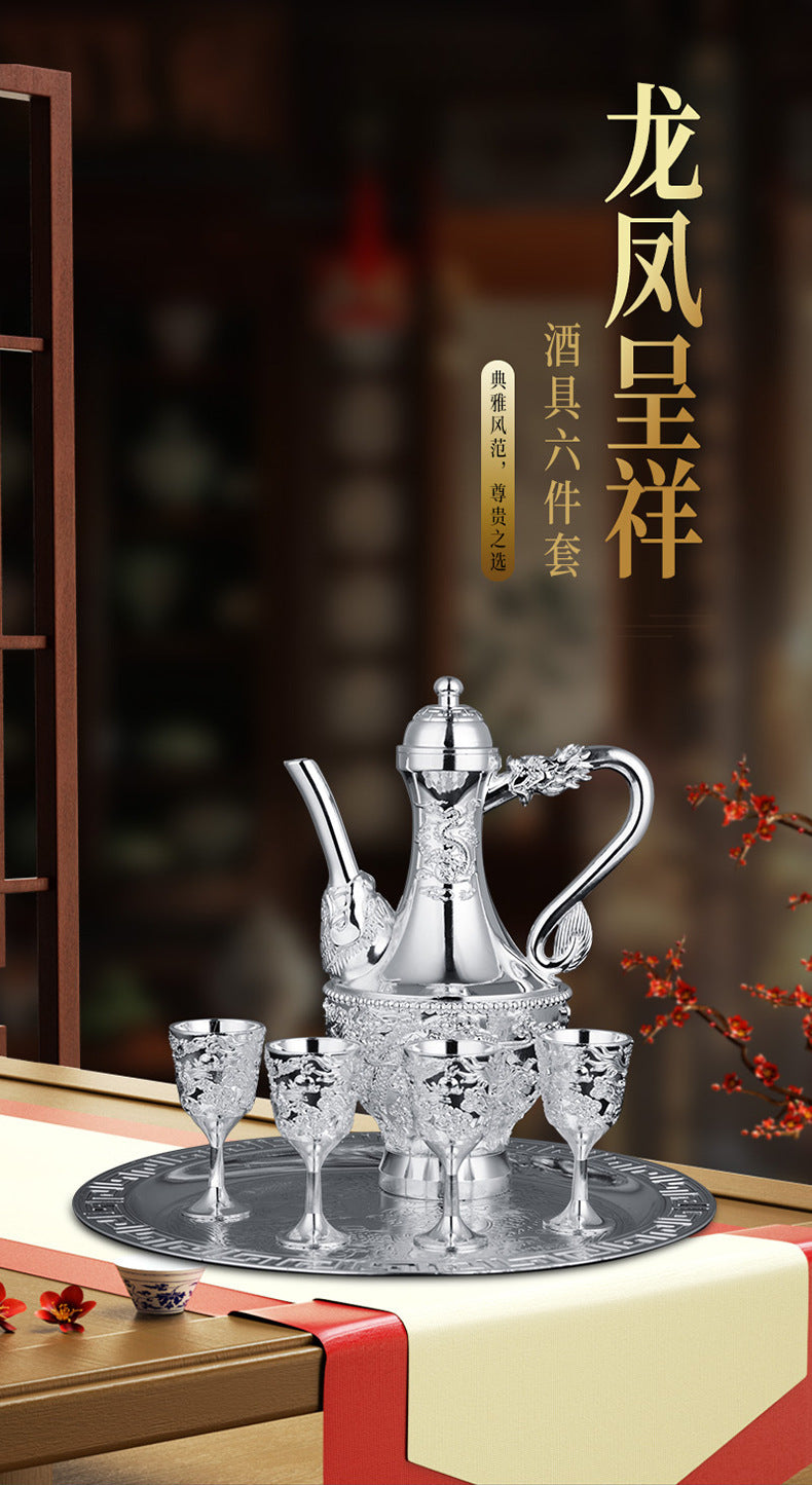 Dragon and Phoenix Auspicious Wine Set Six-Piece Luxury Retro Gold-Plated Wine Set Five-Piece Leather Box Set Exquisite Creative Gift