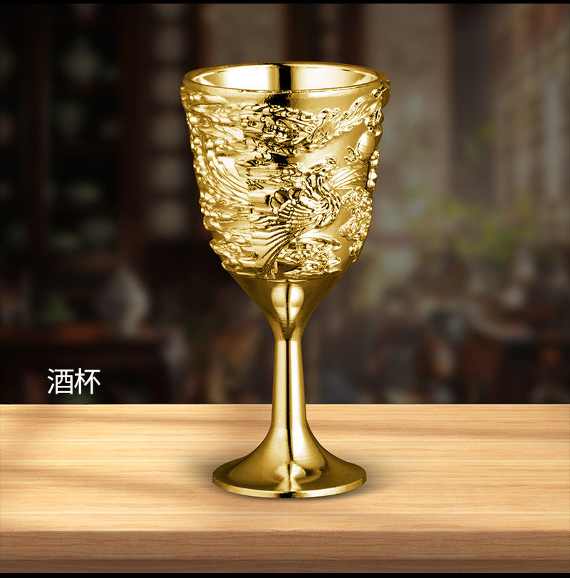 Dragon and Phoenix Auspicious Wine Set Six-Piece Luxury Retro Gold-Plated Wine Set Five-Piece Leather Box Set Exquisite Creative Gift