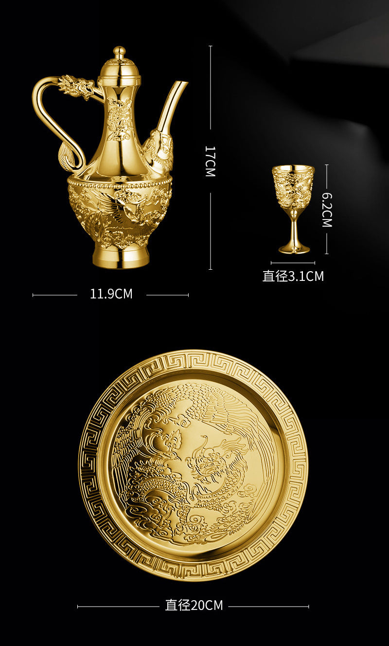 Dragon and Phoenix Auspicious Wine Set Six-Piece Luxury Retro Gold-Plated Wine Set Five-Piece Leather Box Set Exquisite Creative Gift