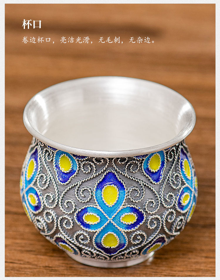 Back to Yintang Silver Teacup999Pure Silver Cup Tasting Cup Handmade Cloisonné Enamel Small Tea Cup Kung Fu Tea Set