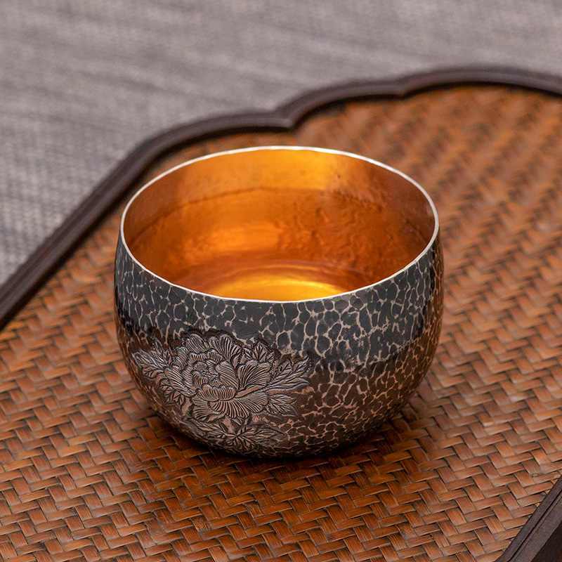 Back to Yintang Silver Tea Cup Pure Silver999Purely Handmade One Piece Tea Tasting Cup Engraved Peony Master Cup Kung Fu Tea Set