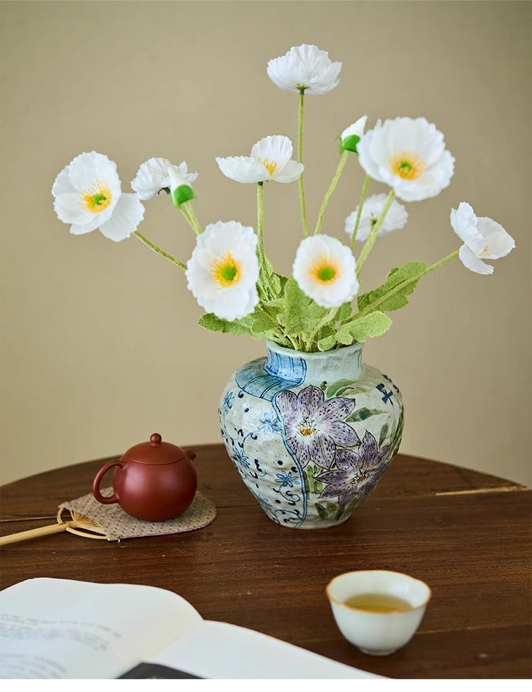 Jingdezhen Original Blue and White Underglaze Creative Hand-painted Iris Flower Sunflower Hydrangea Rustic Vintage Vase