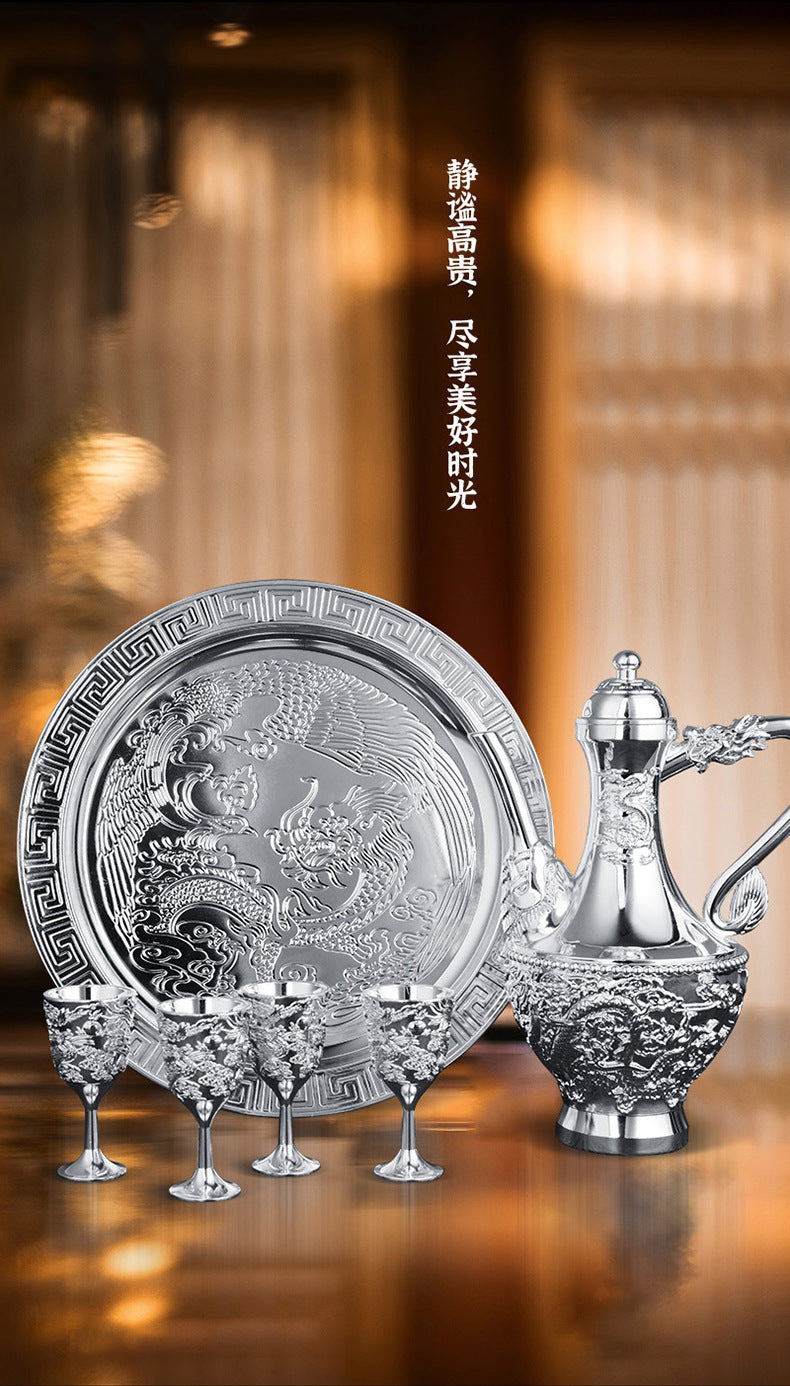 Dragon and Phoenix Auspicious Wine Set Six-Piece Luxury Retro Gold-Plated Wine Set Five-Piece Leather Box Set Exquisite Creative Gift