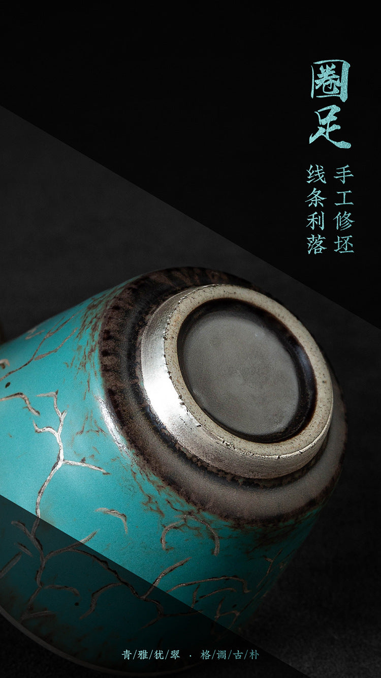 High-End Tea Cup Evergreen Glaze Handmade Retro Tea Cup Master Cup Tea Ceramic Single Cup Egg Cup Gift Box