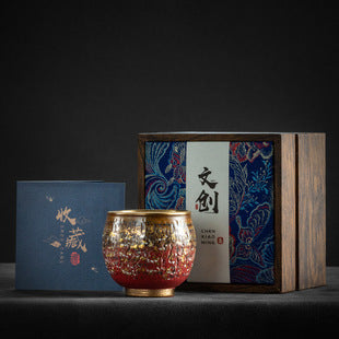 High-End Tea Cup Evergreen Glaze Handmade Retro Tea Cup Master Cup Tea Ceramic Single Cup Egg Cup Gift Box