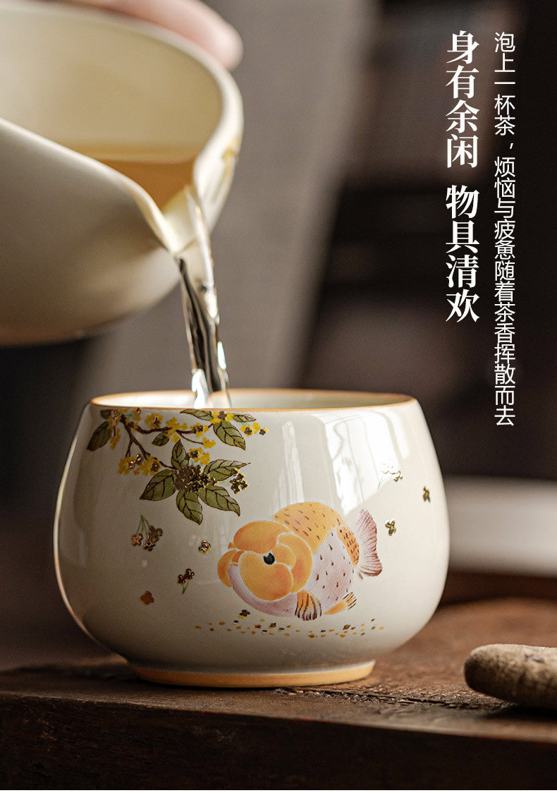 Ash Glaze Golden Osmanthus Fortune Carp Tea Cup High-end Personal Kung Fu Tea Set Ceramic Single Cup Tea Drinking Cup