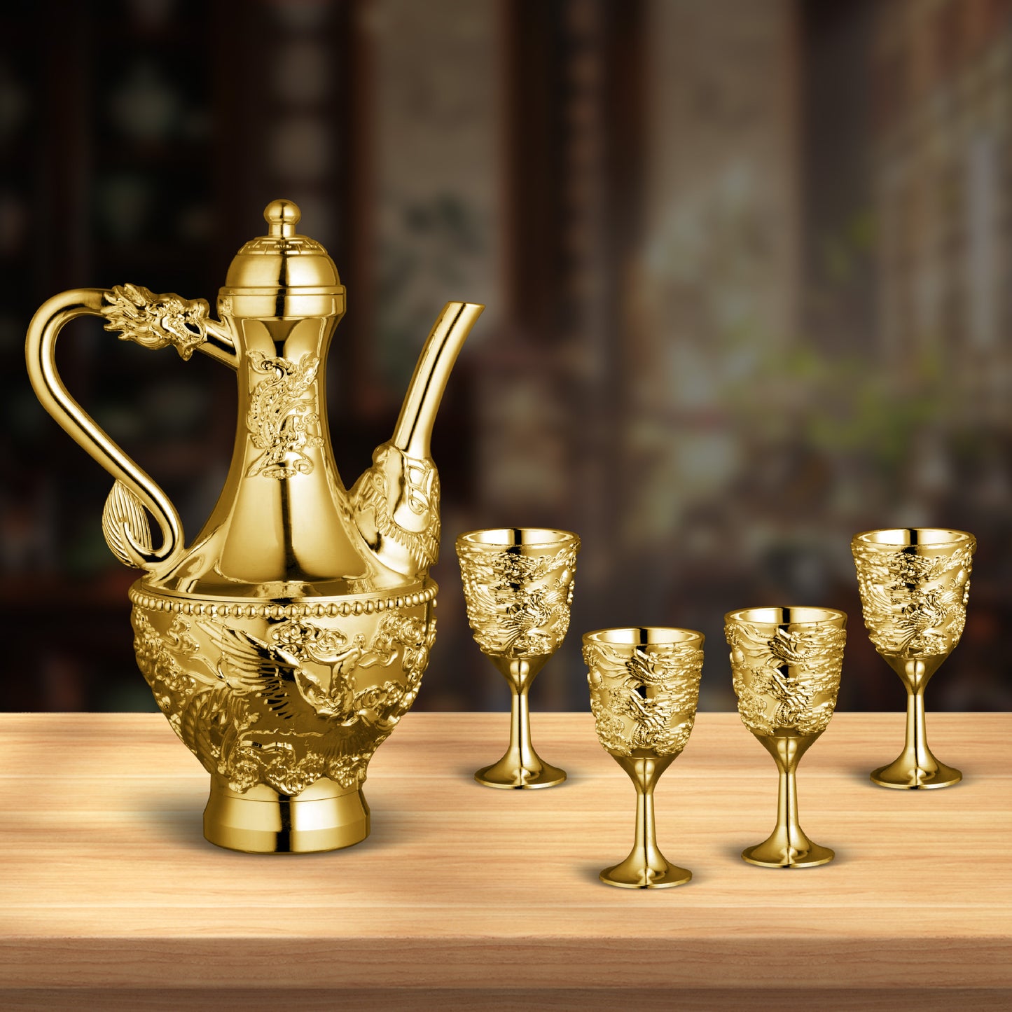 Dragon and Phoenix Auspicious Wine Set Six-Piece Luxury Retro Gold-Plated Wine Set Five-Piece Leather Box Set Exquisite Creative Gift