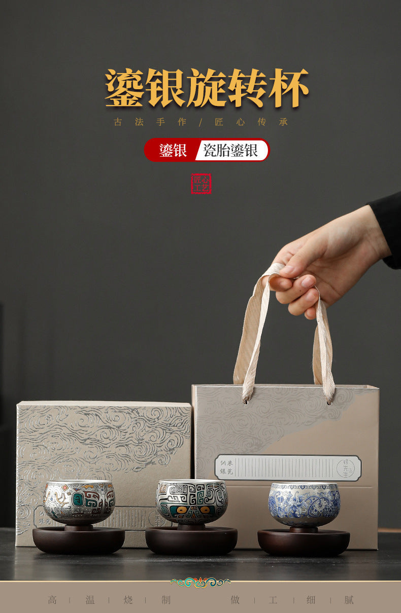999Sterling Silver Tea Cup Single Cup Good Luck Comes Silver Gilded Ceramic Tea Set High-End Master Cup360Degree Rotatable Cup