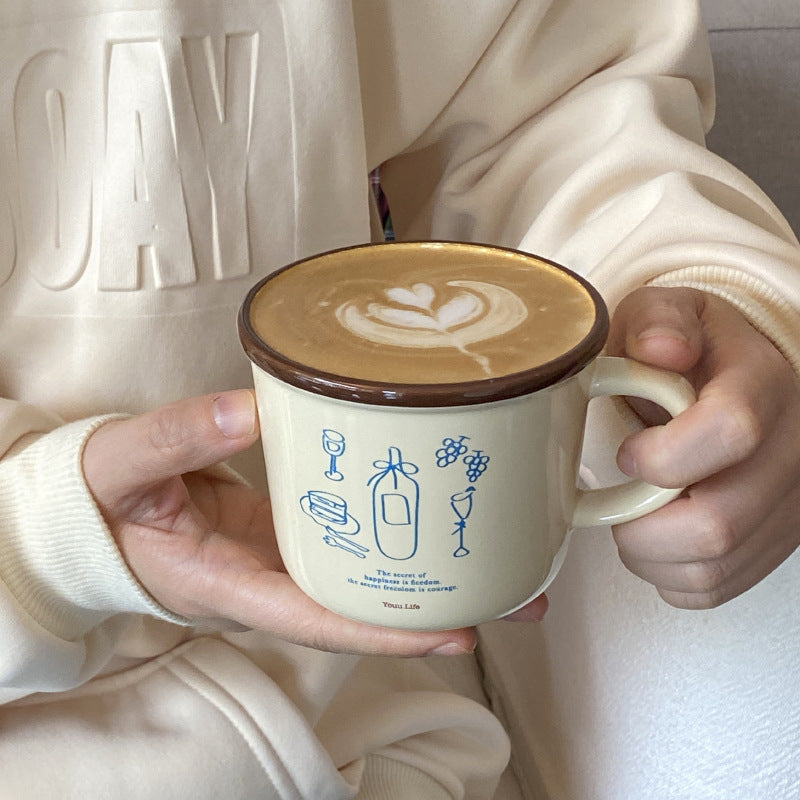 ins Illustration American Coffee Cup Large Diameter Couple Mug French Retro Vase Ceramic Mug Handle Cup