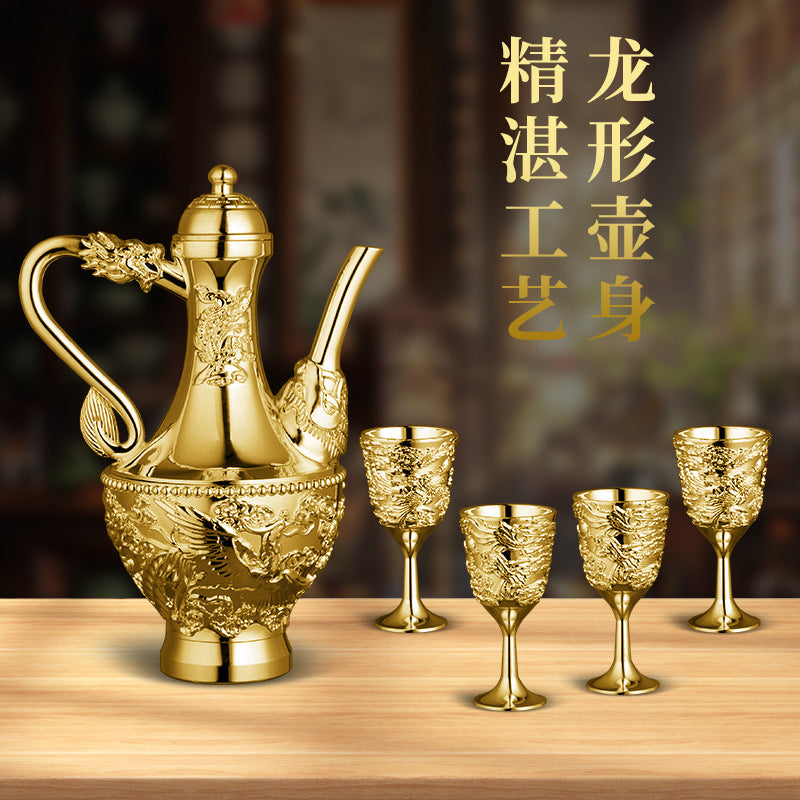 Dragon and Phoenix Auspicious Wine Set Six-Piece Luxury Retro Gold-Plated Wine Set Five-Piece Leather Box Set Exquisite Creative Gift