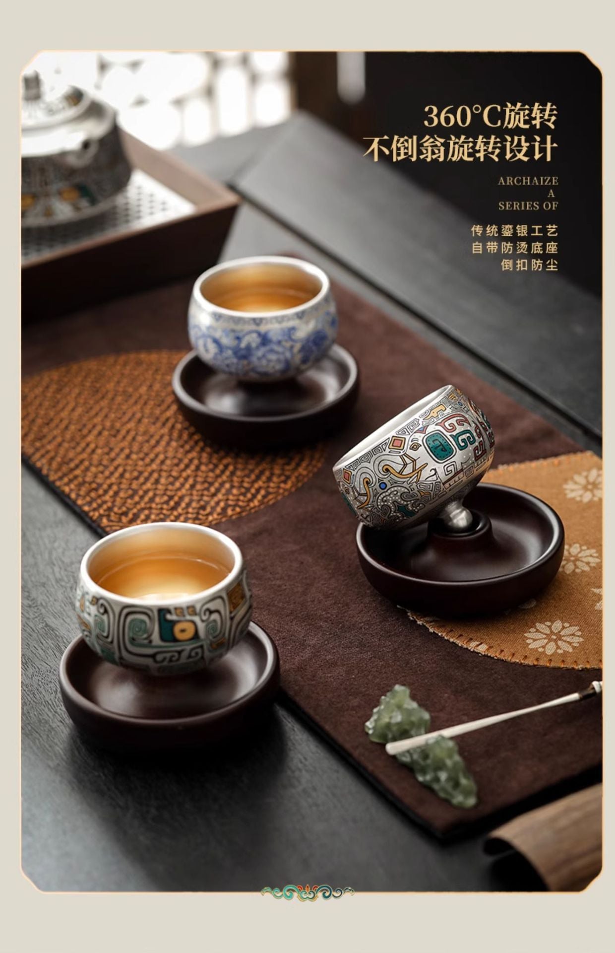 999Sterling Silver Tea Cup Single Cup Good Luck Comes Silver Gilded Ceramic Tea Set High-End Master Cup360Degree Rotatable Cup