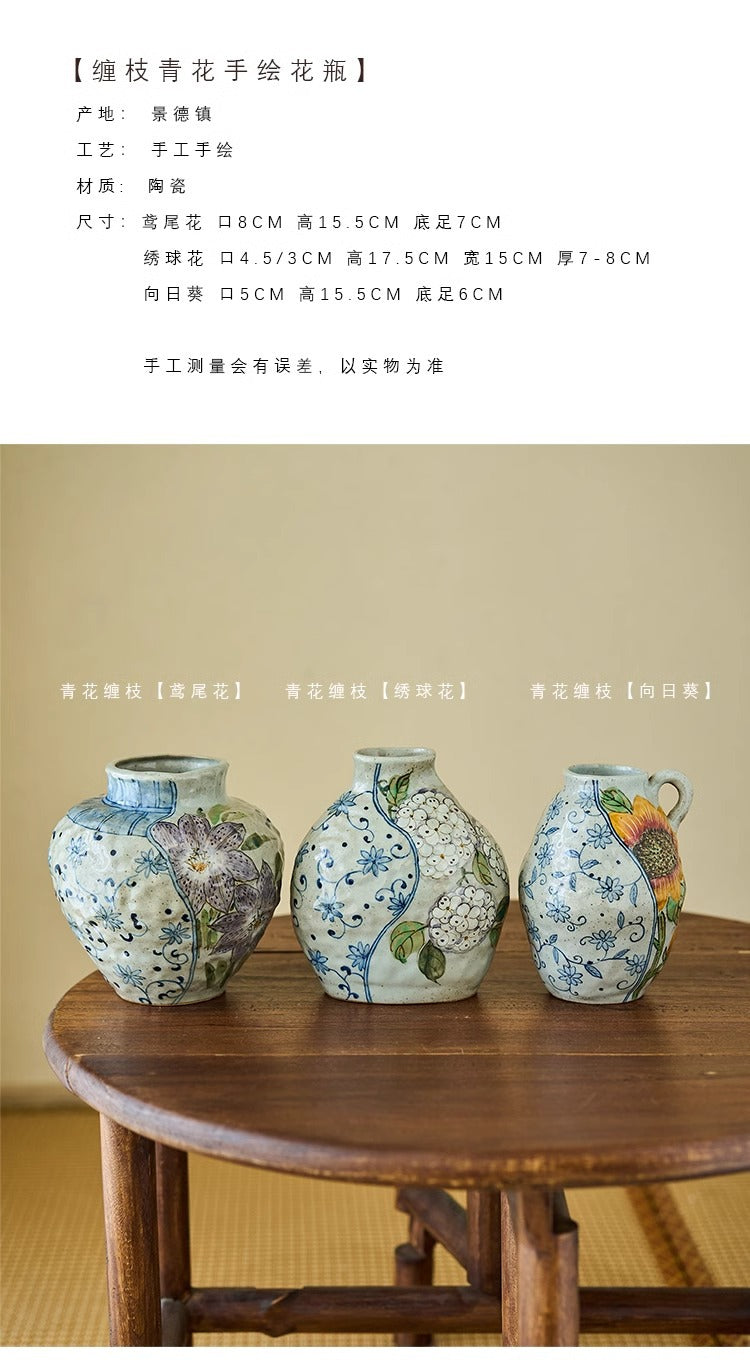 Jingdezhen Original Blue and White Underglaze Creative Hand-painted Iris Flower Sunflower Hydrangea Rustic Vintage Vase