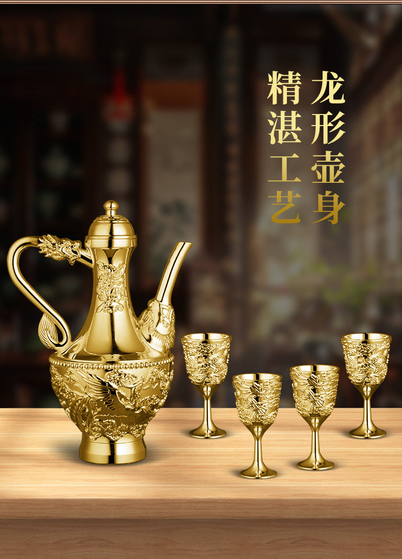 Dragon and Phoenix Auspicious Wine Set Six-Piece Luxury Retro Gold-Plated Wine Set Five-Piece Leather Box Set Exquisite Creative Gift