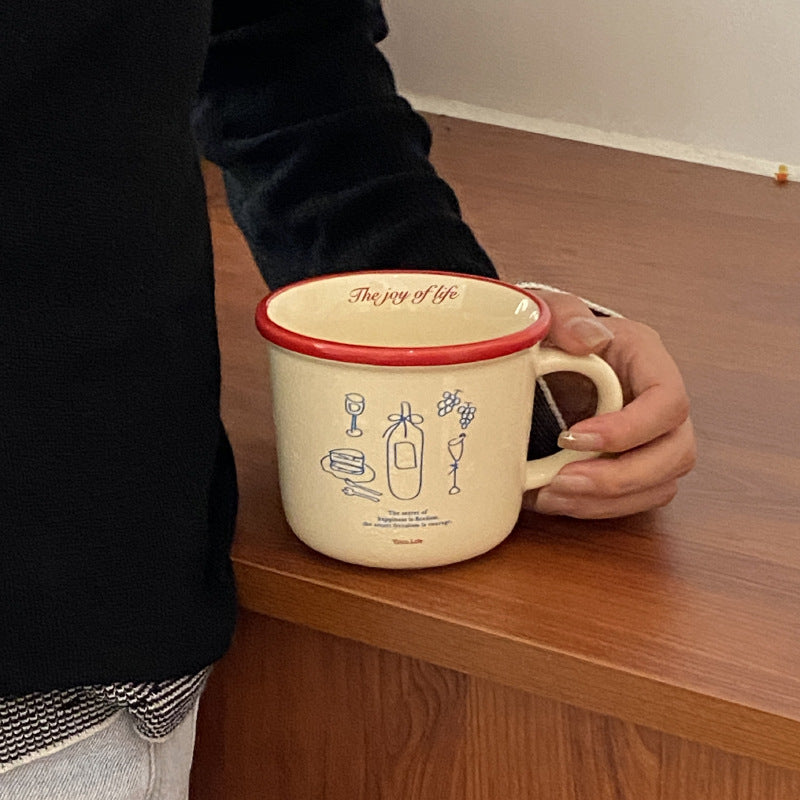 ins Illustration American Coffee Cup Large Diameter Couple Mug French Retro Vase Ceramic Mug Handle Cup