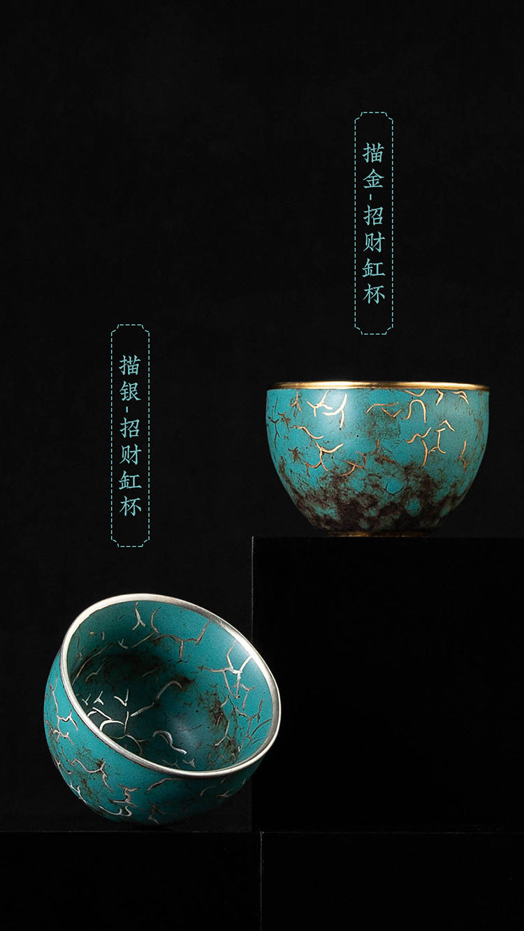 High-End Tea Cup Evergreen Glaze Handmade Retro Tea Cup Master Cup Tea Ceramic Single Cup Egg Cup Gift Box