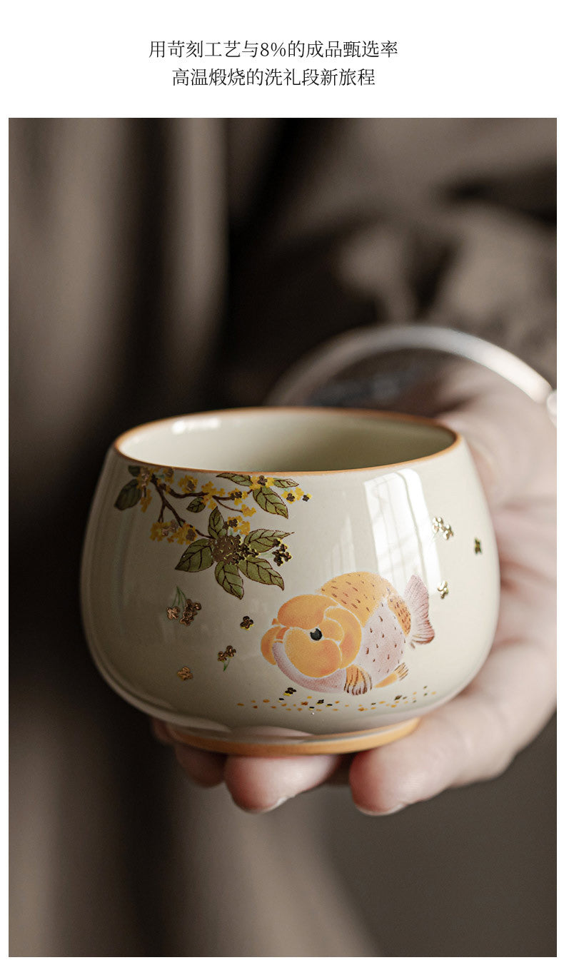 Ash Glaze Golden Osmanthus Fortune Carp Tea Cup High-end Personal Kung Fu Tea Set Ceramic Single Cup Tea Drinking Cup