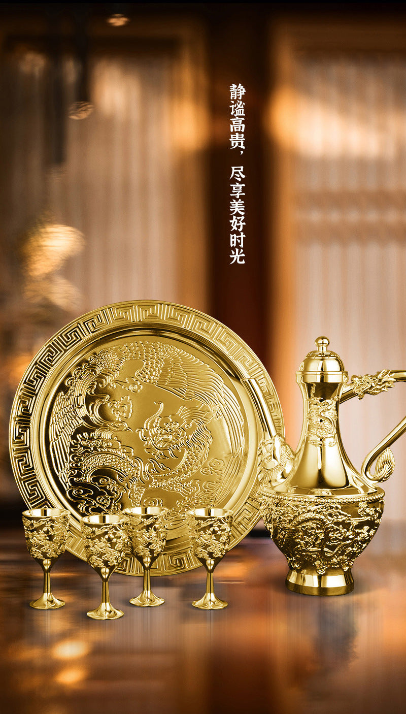 Dragon and Phoenix Auspicious Wine Set Six-Piece Luxury Retro Gold-Plated Wine Set Five-Piece Leather Box Set Exquisite Creative Gift