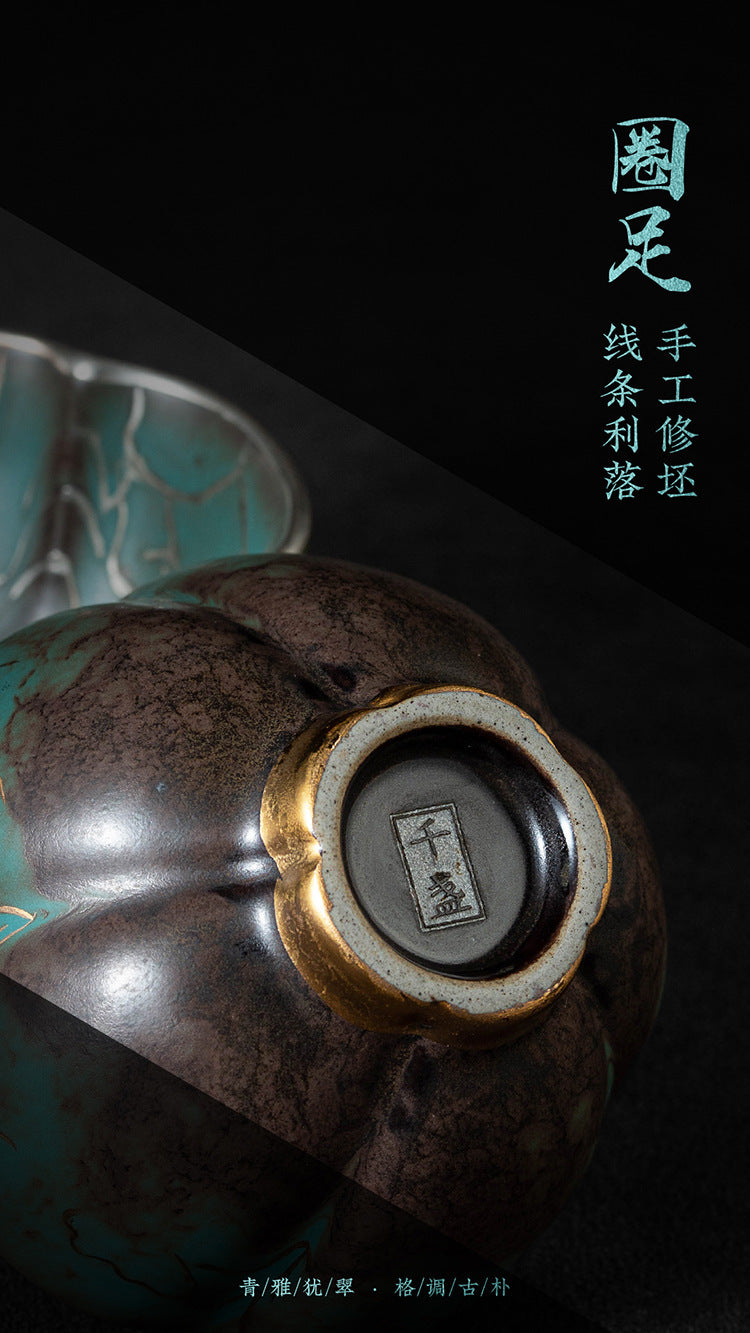 High-End Tea Cup Evergreen Glaze Handmade Retro Tea Cup Master Cup Tea Ceramic Single Cup Egg Cup Gift Box