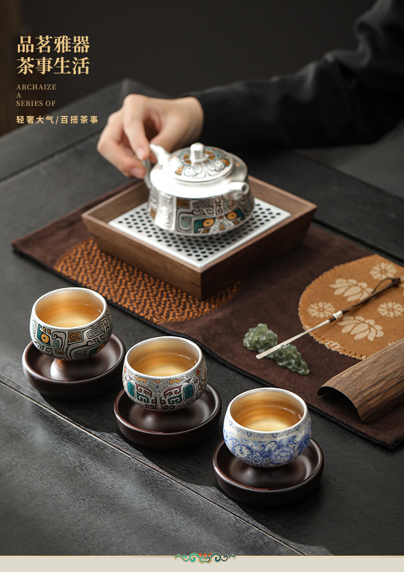 999Sterling Silver Tea Cup Single Cup Good Luck Comes Silver Gilded Ceramic Tea Set High-End Master Cup360Degree Rotatable Cup
