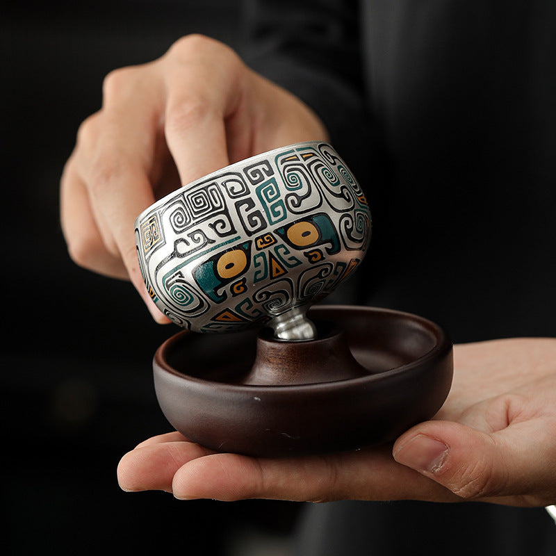 999Sterling Silver Tea Cup Single Cup Good Luck Comes Silver Gilded Ceramic Tea Set High-End Master Cup360Degree Rotatable Cup