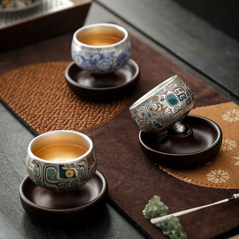 999Sterling Silver Tea Cup Single Cup Good Luck Comes Silver Gilded Ceramic Tea Set High-End Master Cup360Degree Rotatable Cup