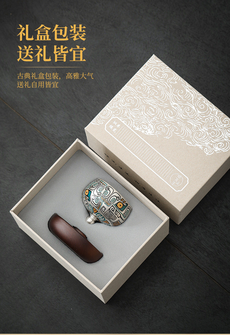 999Sterling Silver Tea Cup Single Cup Good Luck Comes Silver Gilded Ceramic Tea Set High-End Master Cup360Degree Rotatable Cup