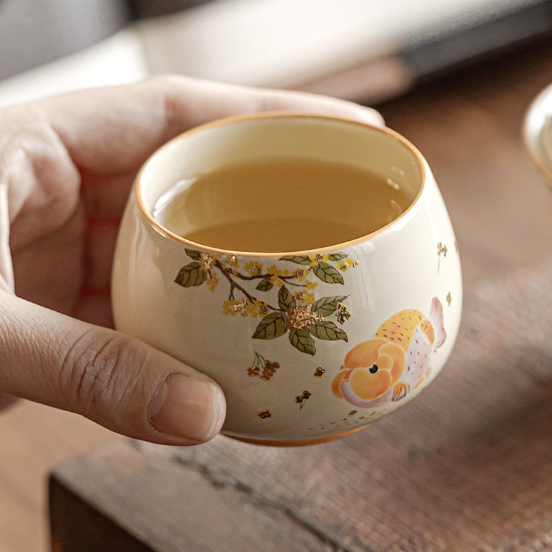 Ash Glaze Golden Osmanthus Fortune Carp Tea Cup High-end Personal Kung Fu Tea Set Ceramic Single Cup Tea Drinking Cup