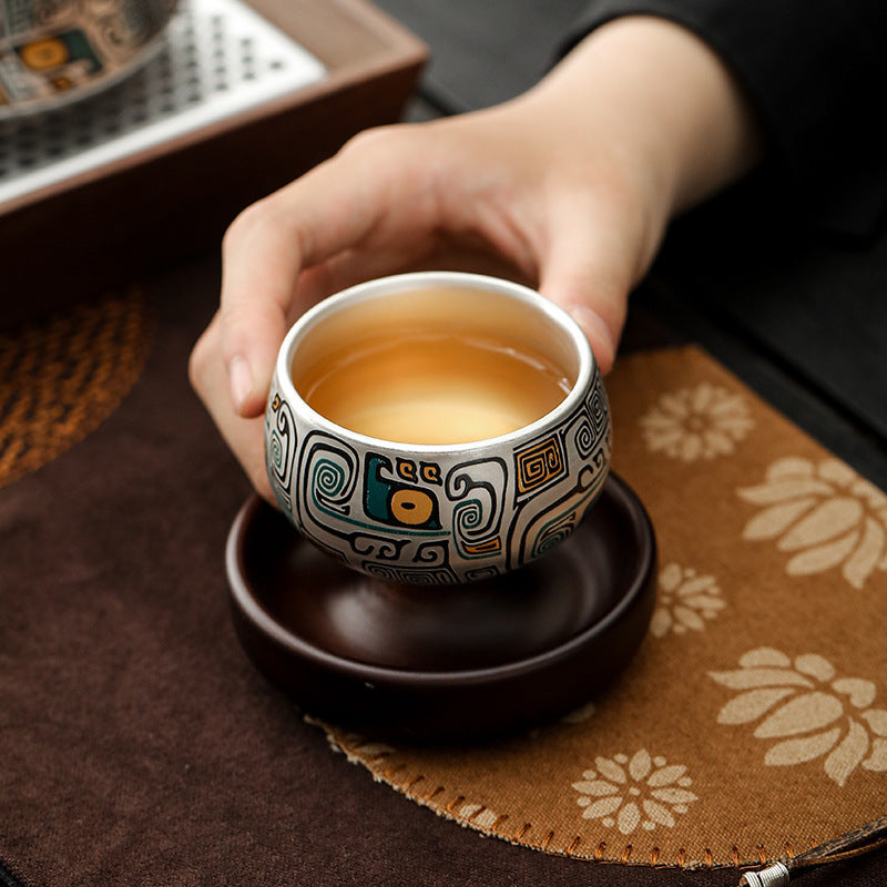 999Sterling Silver Tea Cup Single Cup Good Luck Comes Silver Gilded Ceramic Tea Set High-End Master Cup360Degree Rotatable Cup