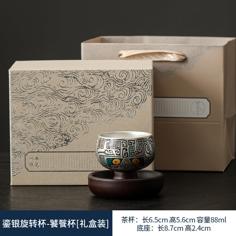 999Sterling Silver Tea Cup Single Cup Good Luck Comes Silver Gilded Ceramic Tea Set High-End Master Cup360Degree Rotatable Cup