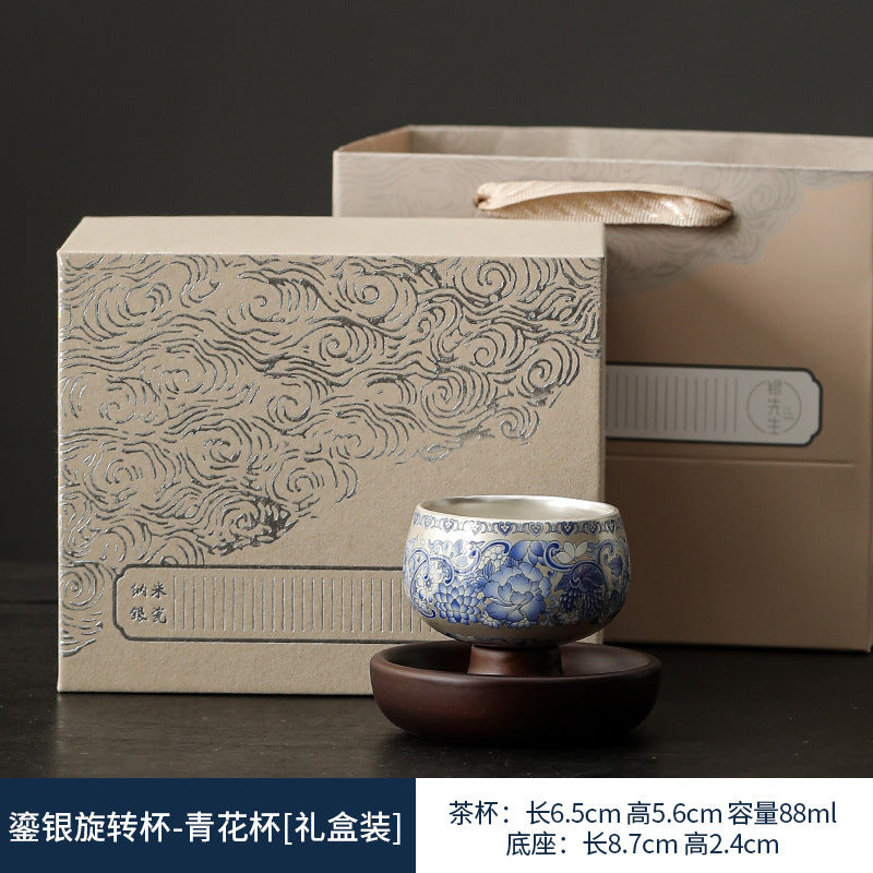 999Sterling Silver Tea Cup Single Cup Good Luck Comes Silver Gilded Ceramic Tea Set High-End Master Cup360Degree Rotatable Cup