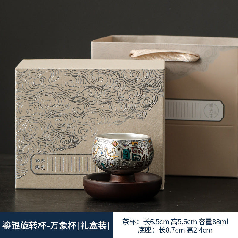 999Sterling Silver Tea Cup Single Cup Good Luck Comes Silver Gilded Ceramic Tea Set High-End Master Cup360Degree Rotatable Cup