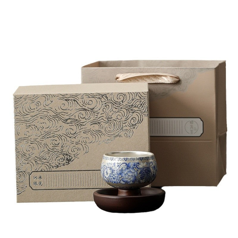 999Sterling Silver Tea Cup Single Cup Good Luck Comes Silver Gilded Ceramic Tea Set High-End Master Cup360Degree Rotatable Cup