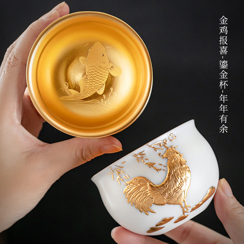 Li Bin24K Jinbei Sheep Fat Jade Porcelain Golden Cup Ceramic Kung Fu Tea Set Pure Handmade Gilded Master Cup Single Cup