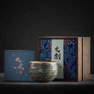 High-End Tea Cup Evergreen Glaze Handmade Retro Tea Cup Master Cup Tea Ceramic Single Cup Egg Cup Gift Box