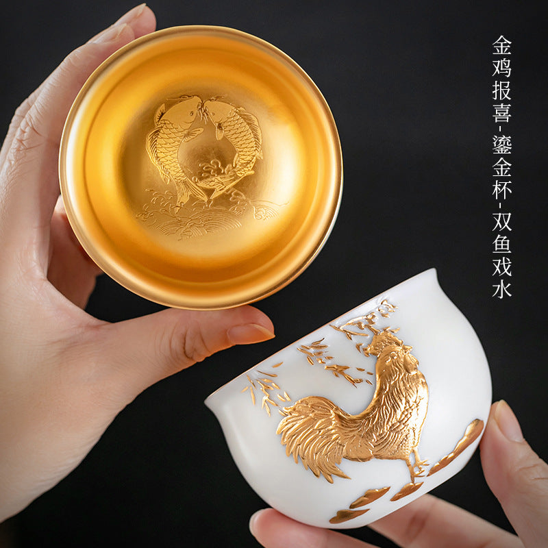 Li Bin24K Jinbei Sheep Fat Jade Porcelain Golden Cup Ceramic Kung Fu Tea Set Pure Handmade Gilded Master Cup Single Cup