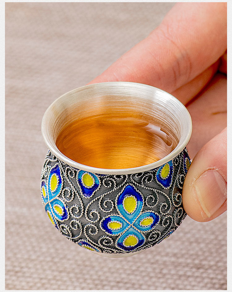 Back to Yintang Silver Teacup999Pure Silver Cup Tasting Cup Handmade Cloisonné Enamel Small Tea Cup Kung Fu Tea Set