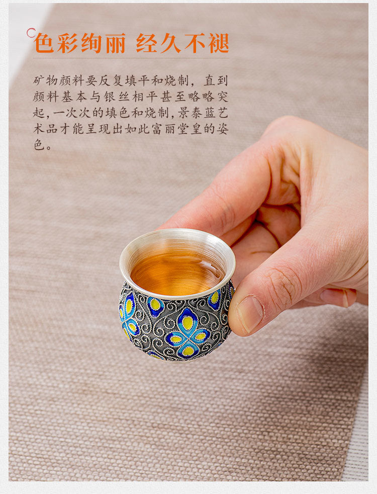 Back to Yintang Silver Teacup999Pure Silver Cup Tasting Cup Handmade Cloisonné Enamel Small Tea Cup Kung Fu Tea Set