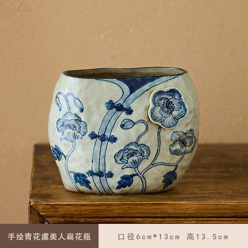 Jingdezhen Original Blue and White Underglaze Creative Hand-painted Iris Flower Sunflower Hydrangea Rustic Vintage Vase