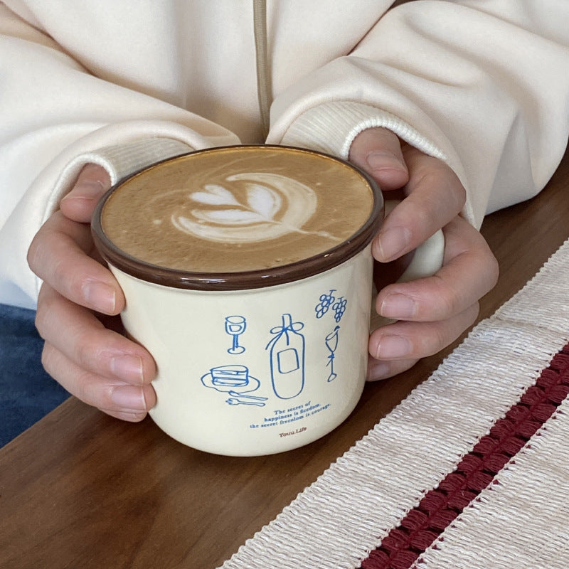 ins Illustration American Coffee Cup Large Diameter Couple Mug French Retro Vase Ceramic Mug Handle Cup