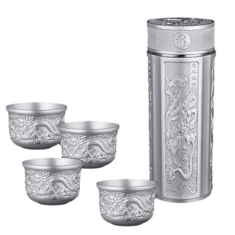 Dragon and Phoenix Present Auspiciousness Silver-Plated Ion Insulated Silver Cup Inner Liner Silver-Plated999Dragon and Phoenix Hundred Blessings Silver Cup Gift Set