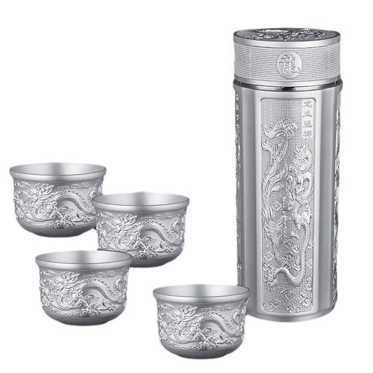 Dragon and Phoenix Present Auspiciousness Silver-Plated Ion Insulated Silver Cup Inner Liner Silver-Plated999Dragon and Phoenix Hundred Blessings Silver Cup Gift Set