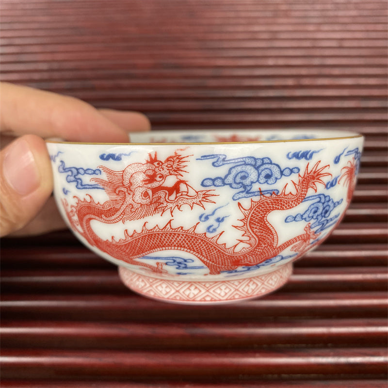 Jingdezhen Blue and White Underglaze Red Nine Dragons Pu'er Cup Master Cup Jingdezhen Tea Cup High Temperature Porcelain
