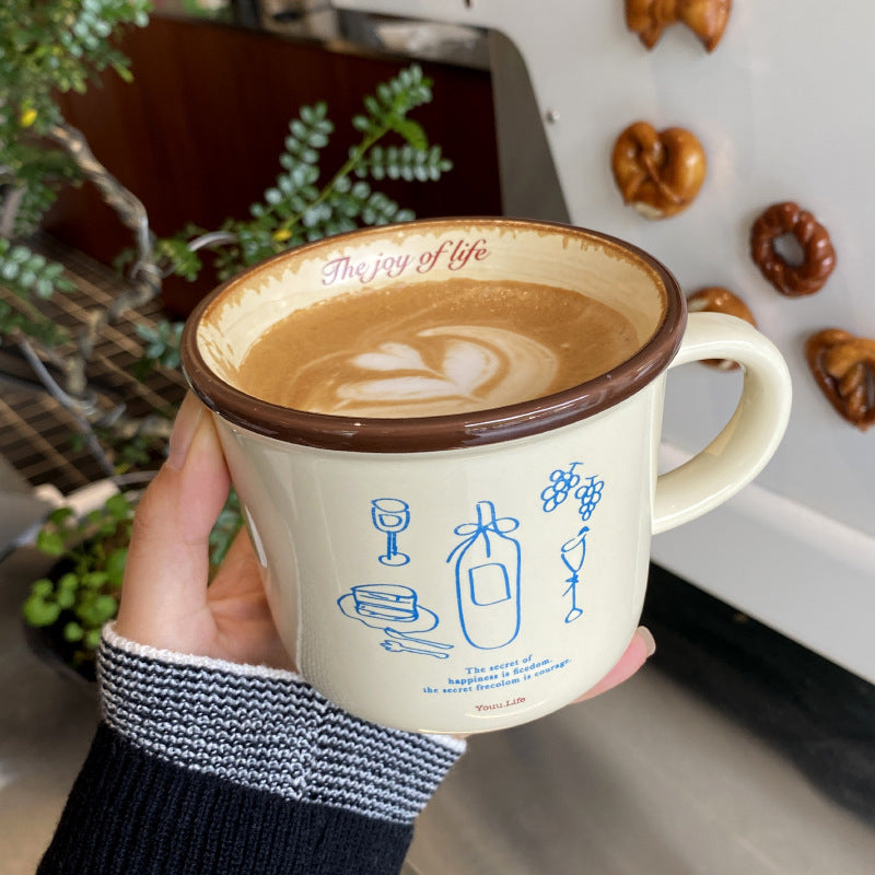 ins Illustration American Coffee Cup Large Diameter Couple Mug French Retro Vase Ceramic Mug Handle Cup