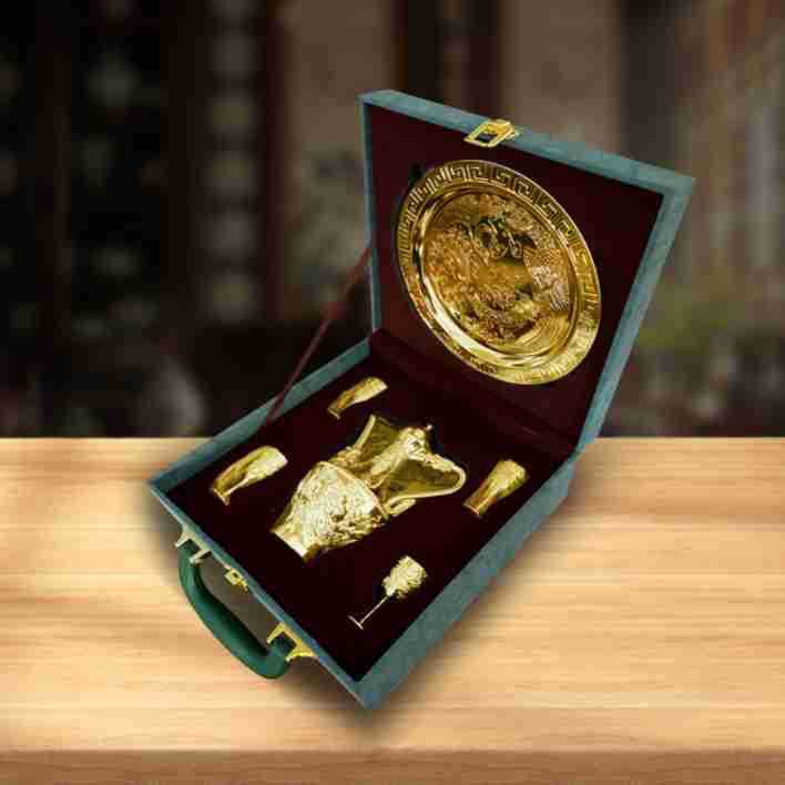Dragon and Phoenix Auspicious Wine Set Six-Piece Luxury Retro Gold-Plated Wine Set Five-Piece Leather Box Set Exquisite Creative Gift