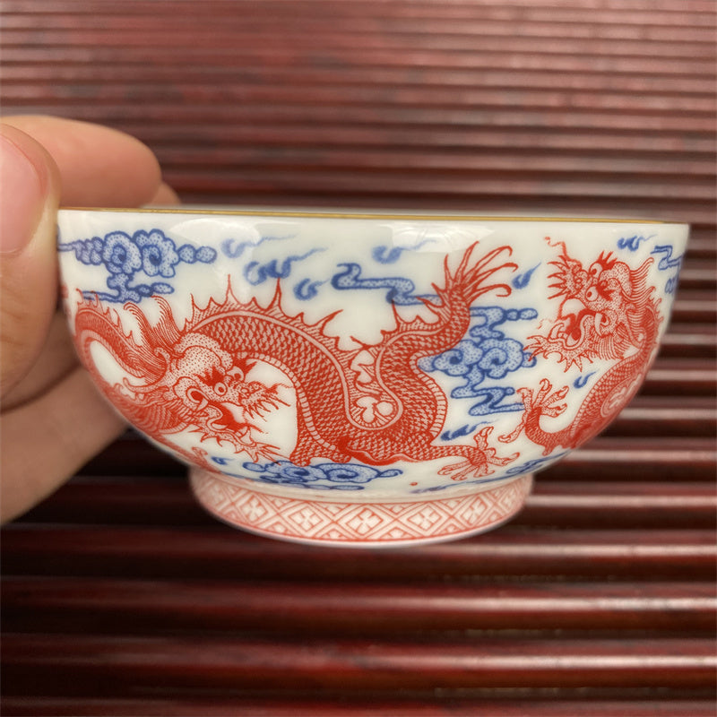 Jingdezhen Blue and White Underglaze Red Nine Dragons Pu'er Cup Master Cup Jingdezhen Tea Cup High Temperature Porcelain