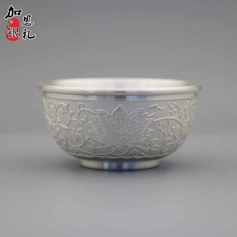 Double-Layered Hundred Blessings Lotus Silver Tea Cup999Pure Silver Tea Bowl Mouth Cup Tea Set Heat Insulation Master Cup Pure Silver Tea Tasting Cup