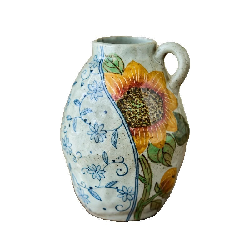 Jingdezhen Original Blue and White Underglaze Creative Hand-painted Iris Flower Sunflower Hydrangea Rustic Vintage Vase